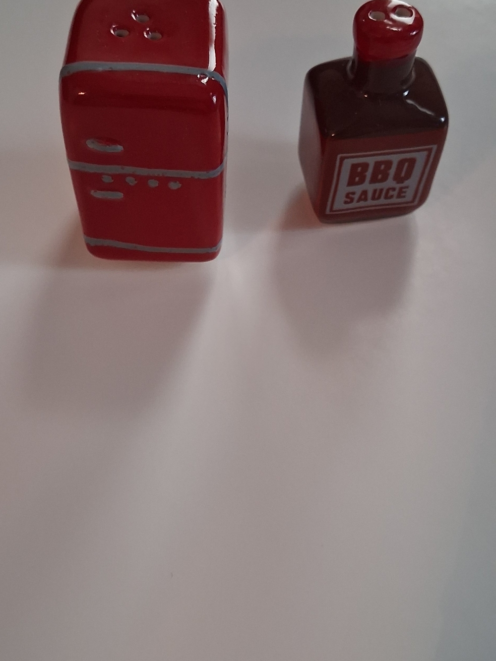 Red Ceramic Salt Shaker and BBQ Sauce Bottle Set